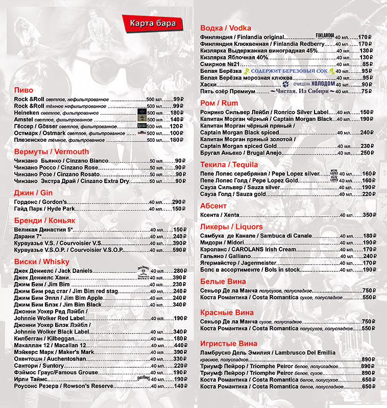 Getränkekarte für die Bar
